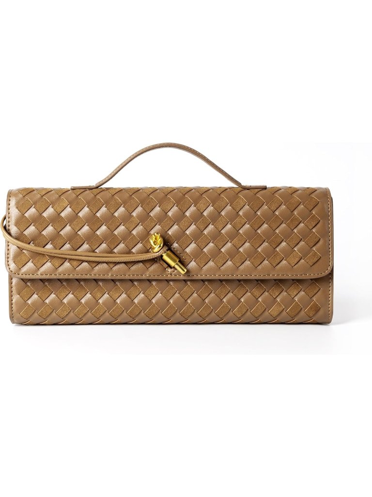 Women's Acorn Woven Leather Formal Evening Clutch Adjustable Strap Crossbody Bag